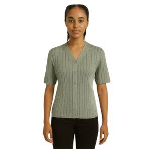 Compliments Ribbed Short-Sleeve Button-Down Sweater Top – Greenish Grey (M)